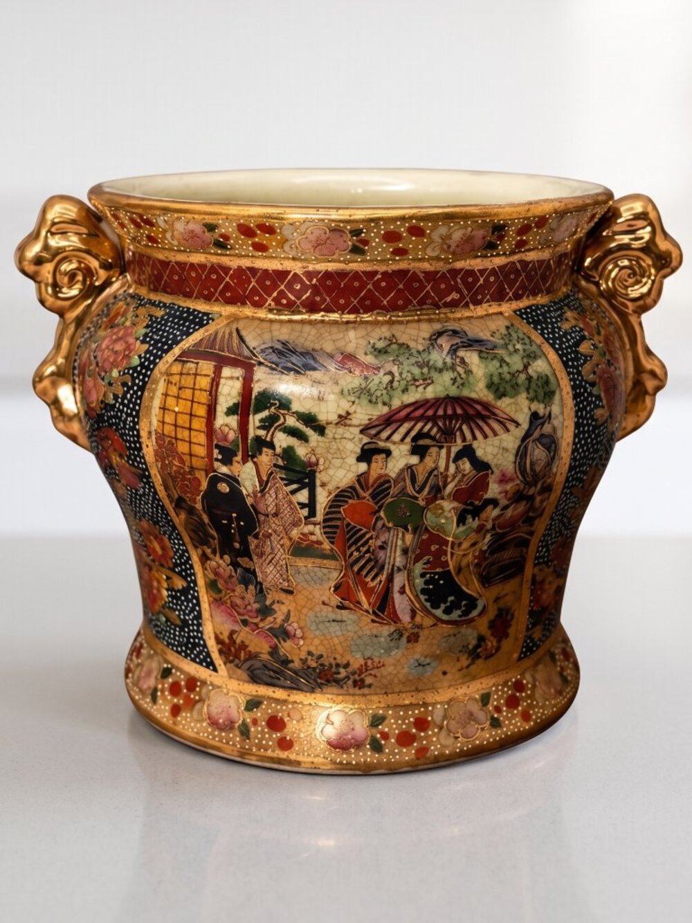 Vintage Royal Satsuma Moriage Cachepot Planter Jardiniere Lion Handles